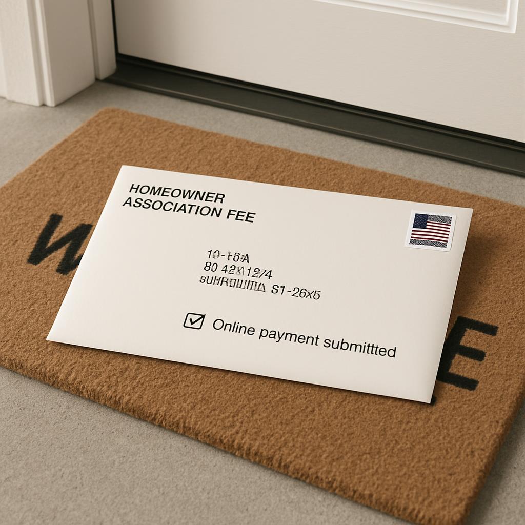 A white envelope with black text, addressed "HOMEOWNER ASSOCIATION FEE" and featuring an American flag postage stamp, sits...