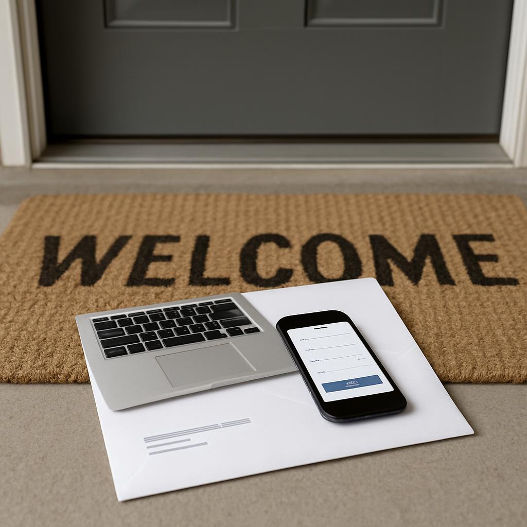 A laptop and a cell phone are on top of a white paper, sitting next to a welcome mat in front of a dark gray door.
