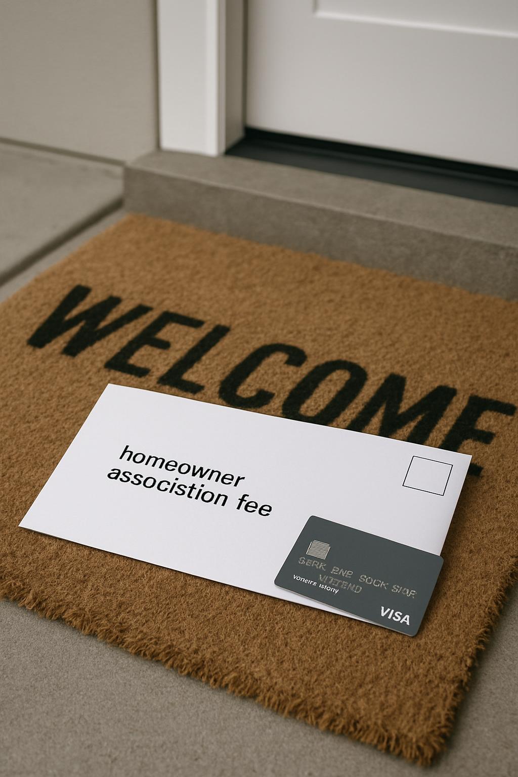 The image depicts a white envelope with the prohibited text "HOMEOWNER ASSOCIATION FEE" on a doormat, accompanied by a gra...